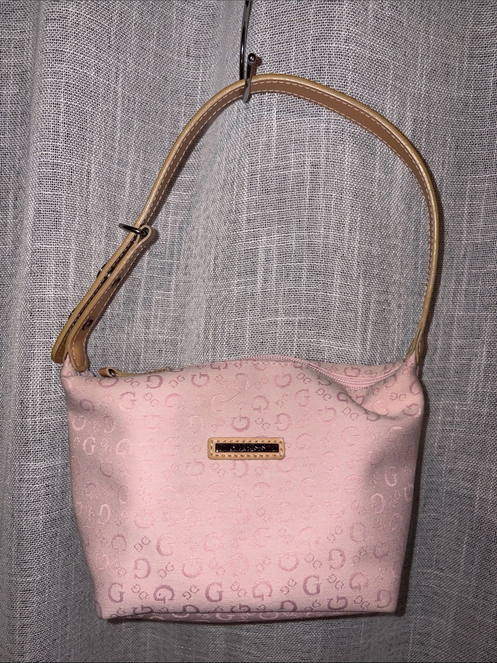 GUESS Pink Logo Jacquard Shoulder Bag with Tan Strap